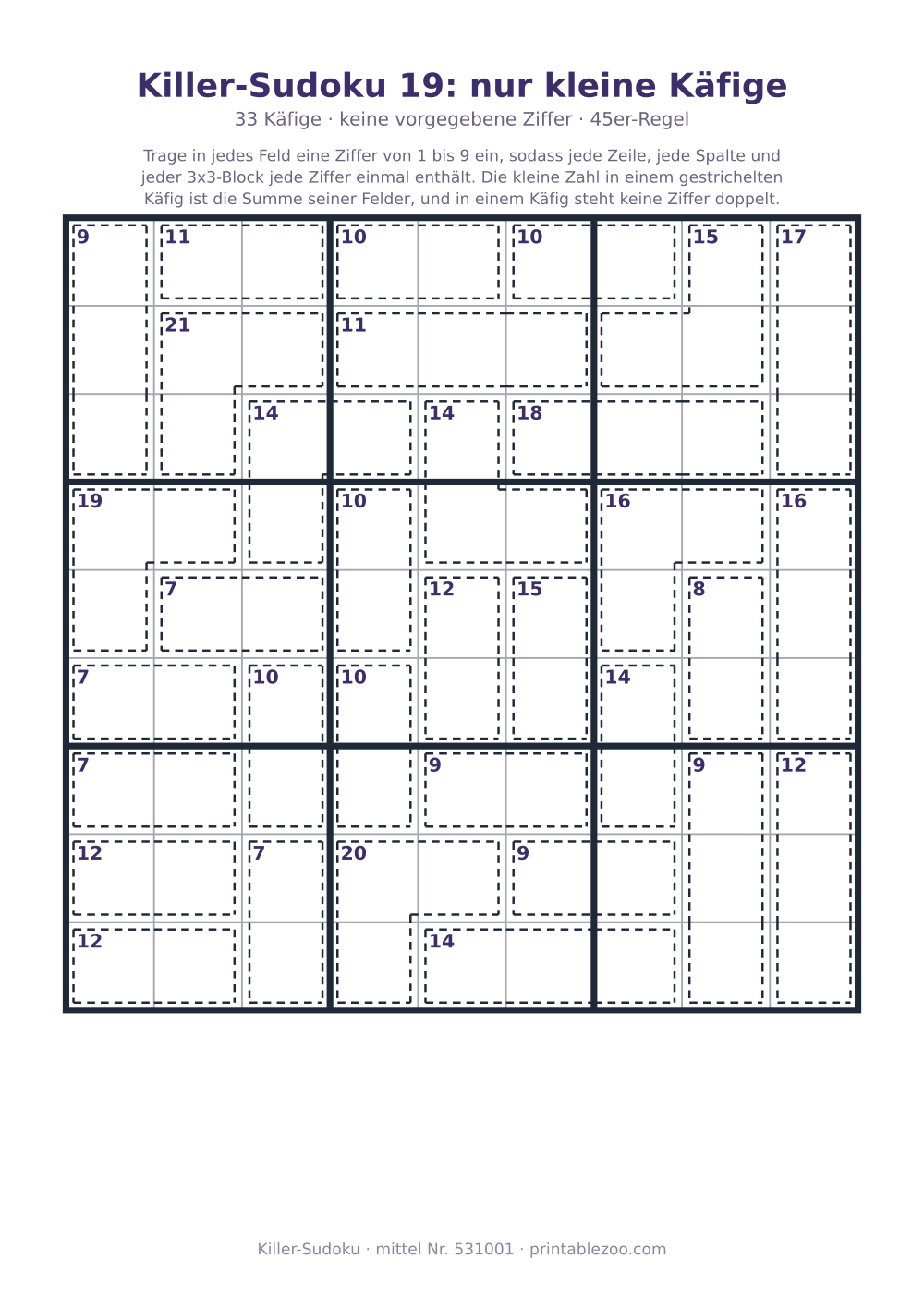 Killer-Sudoku zum Ausdrucken, Stufe mittel, 33 Käfige, keine vorgegebene Ziffer, Rätsel 531001