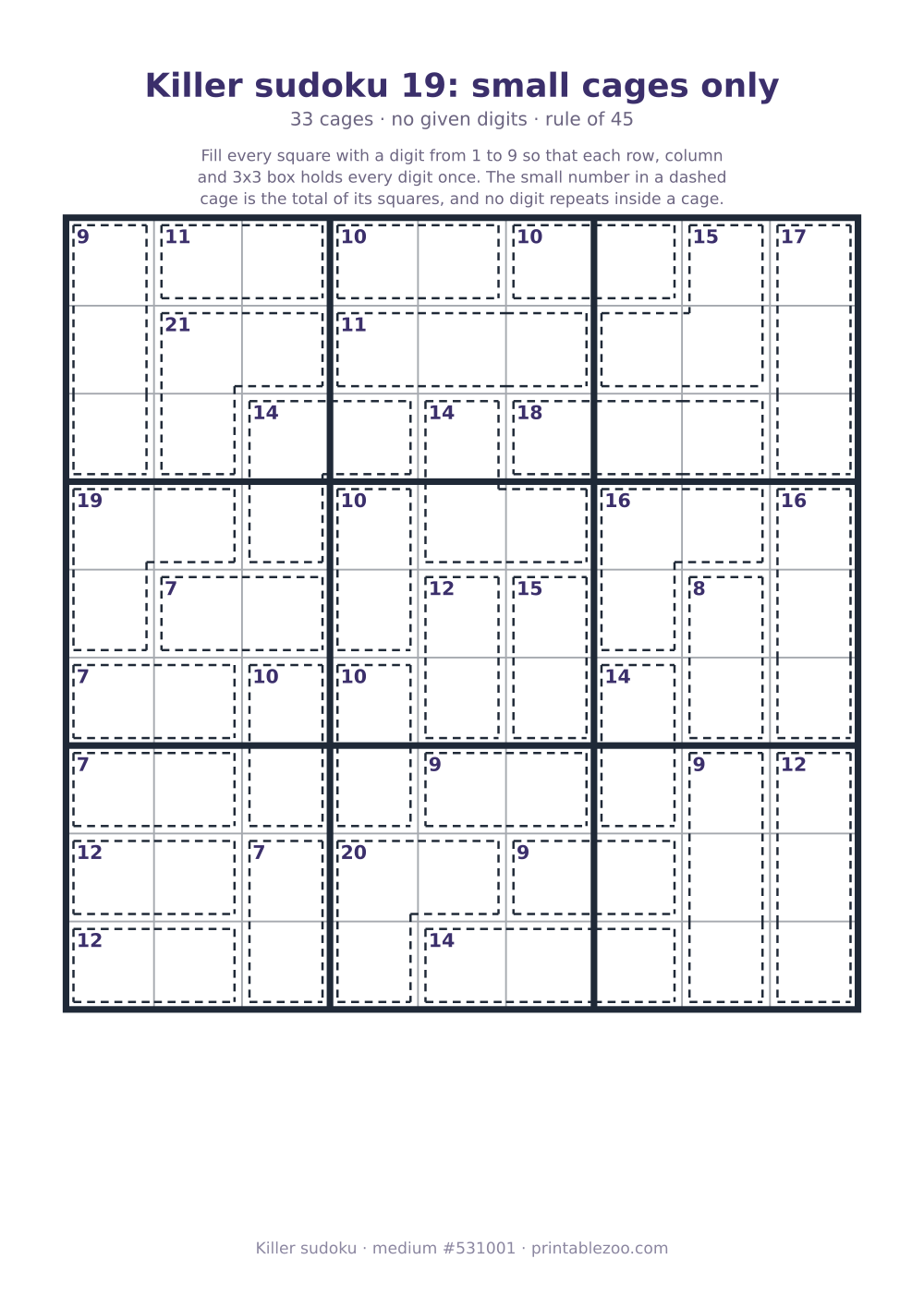 Printable killer sudoku, medium, 33 cages and no given digits, puzzle 531001