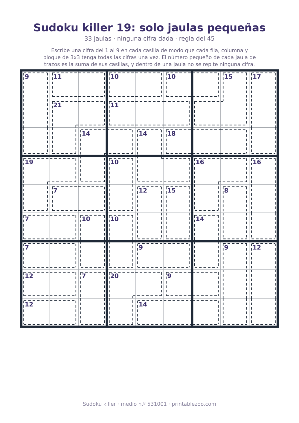 Sudoku killer para imprimir de nivel medio, 33 jaulas y ninguna cifra dada, pasatiempo 531001
