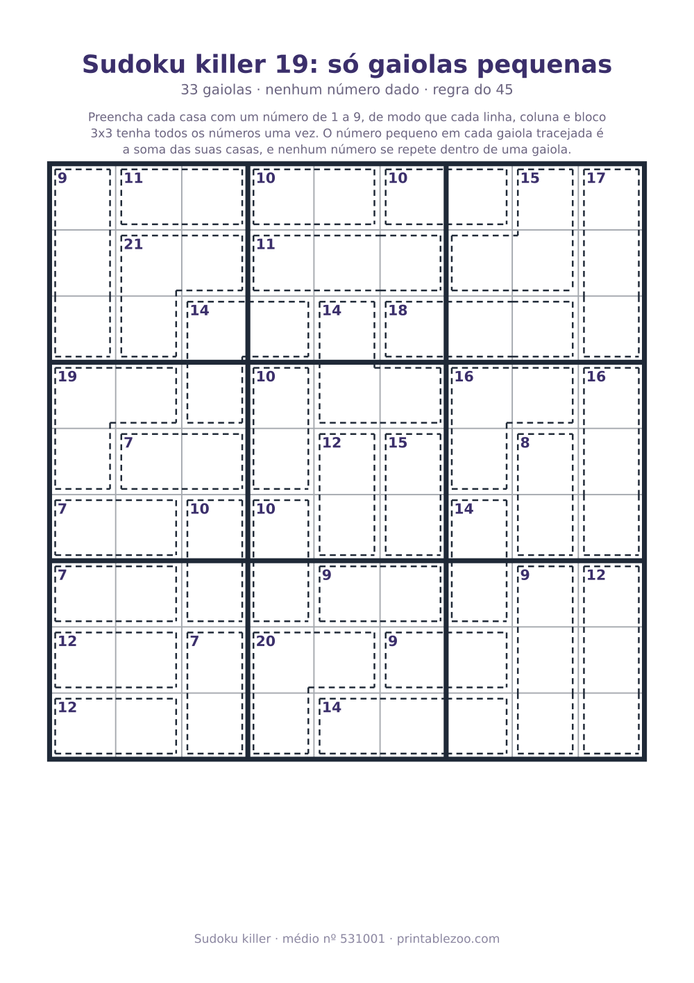Sudoku killer para imprimir de nível médio, 33 gaiolas e nenhum número dado, desafio 531001