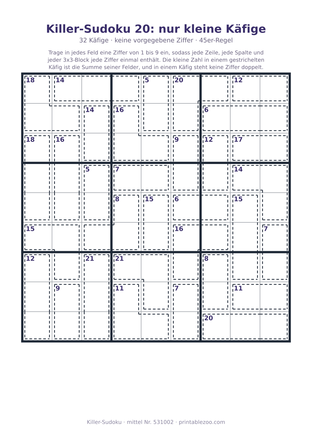 Killer-Sudoku zum Ausdrucken, Stufe mittel, 32 Käfige, keine vorgegebene Ziffer, Rätsel 531002