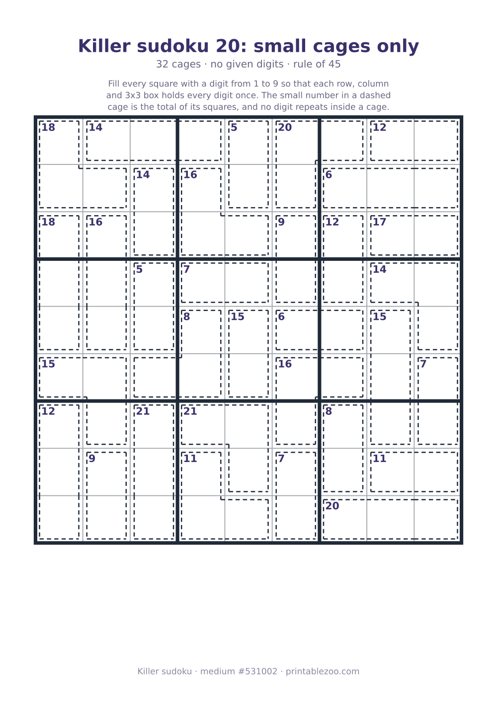Printable killer sudoku, medium, 32 cages and no given digits, puzzle 531002