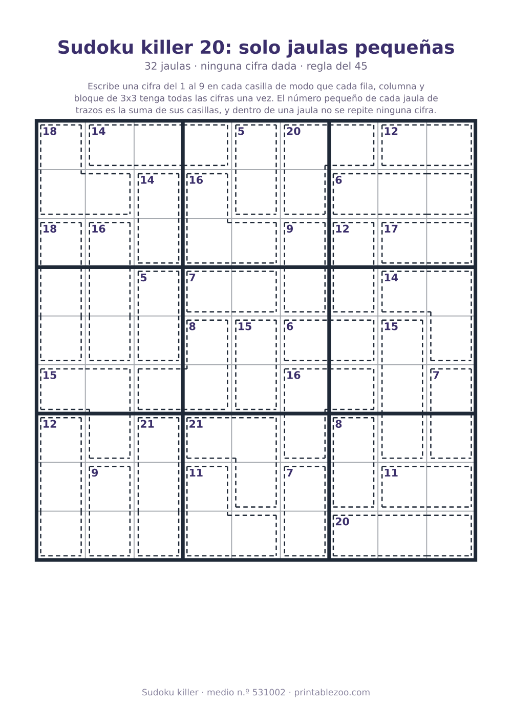 Sudoku killer para imprimir de nivel medio, 32 jaulas y ninguna cifra dada, pasatiempo 531002