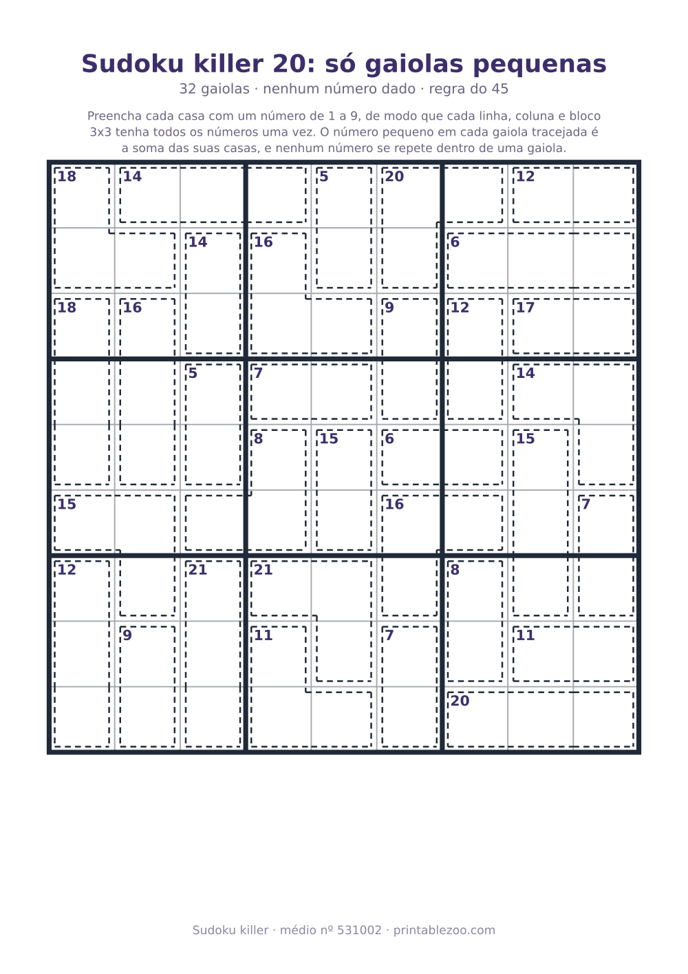 Sudoku killer para imprimir de nível médio, 32 gaiolas e nenhum número dado, desafio 531002