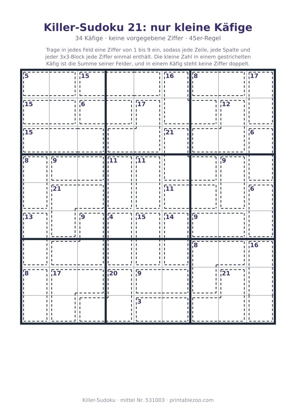 Killer-Sudoku zum Ausdrucken, Stufe mittel, 34 Käfige, keine vorgegebene Ziffer, Rätsel 531003