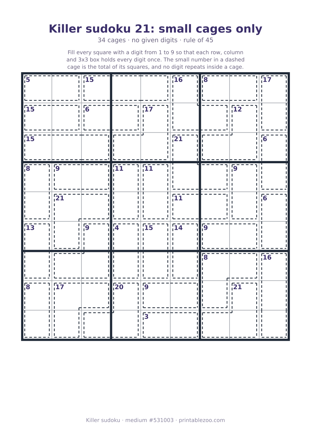 Printable killer sudoku, medium, 34 cages and no given digits, puzzle 531003