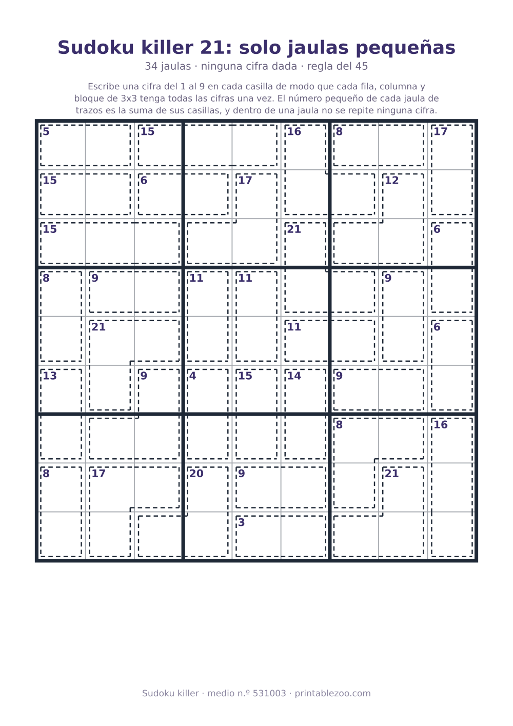 Sudoku killer para imprimir de nivel medio, 34 jaulas y ninguna cifra dada, pasatiempo 531003