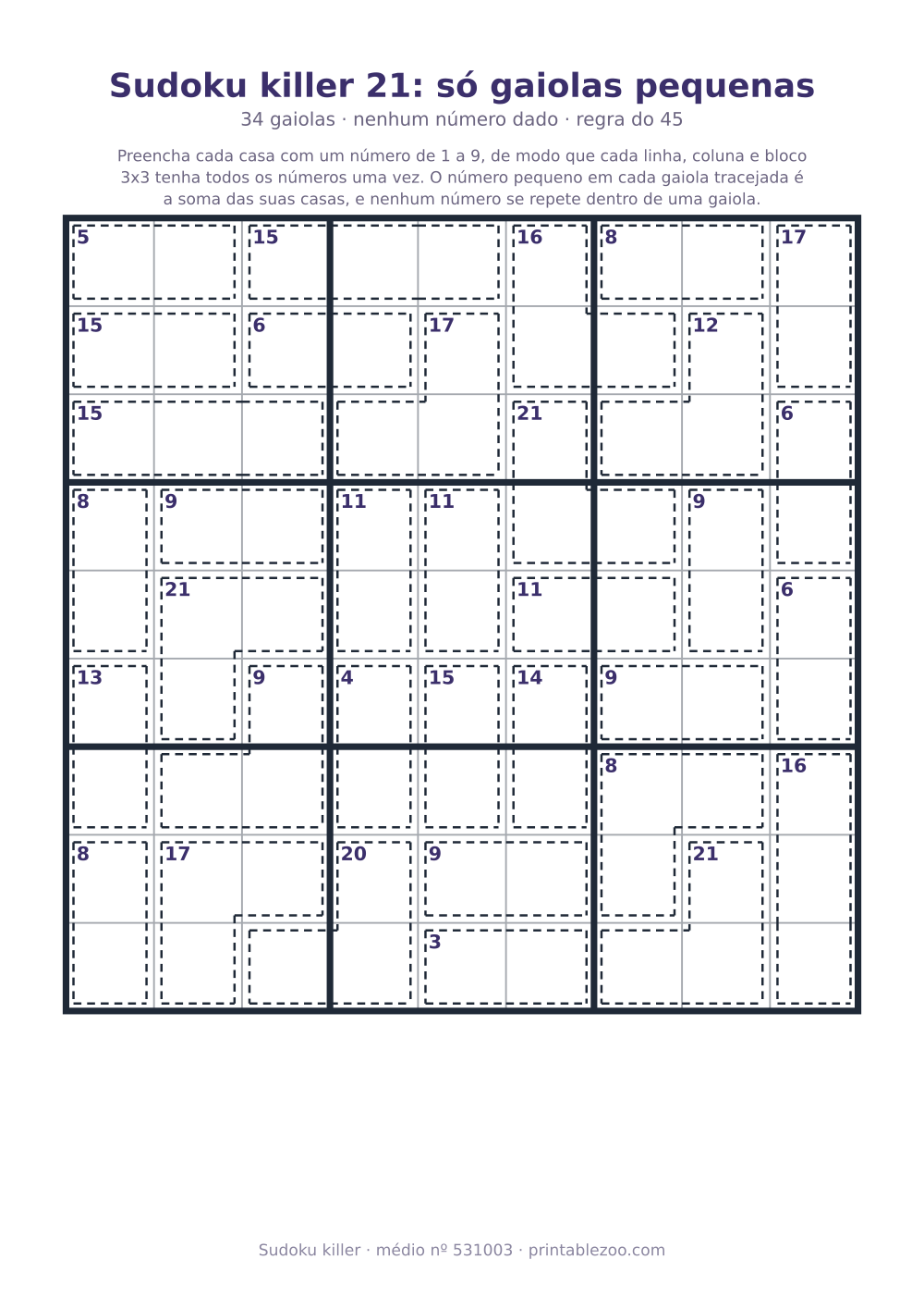 Sudoku killer para imprimir de nível médio, 34 gaiolas e nenhum número dado, desafio 531003