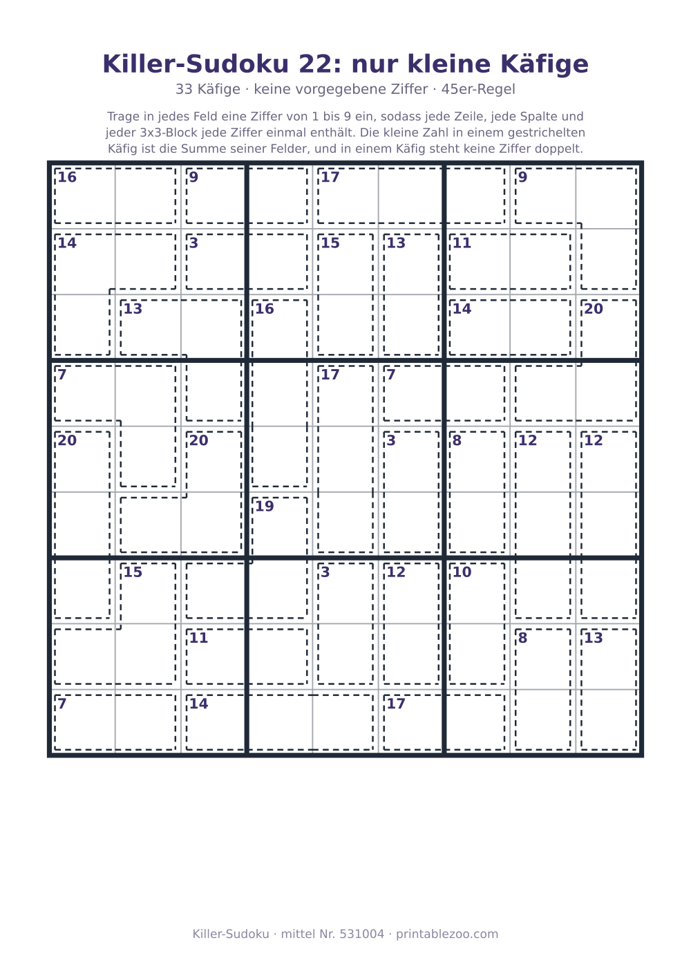 Killer-Sudoku zum Ausdrucken, Stufe mittel, 33 Käfige, keine vorgegebene Ziffer, Rätsel 531004