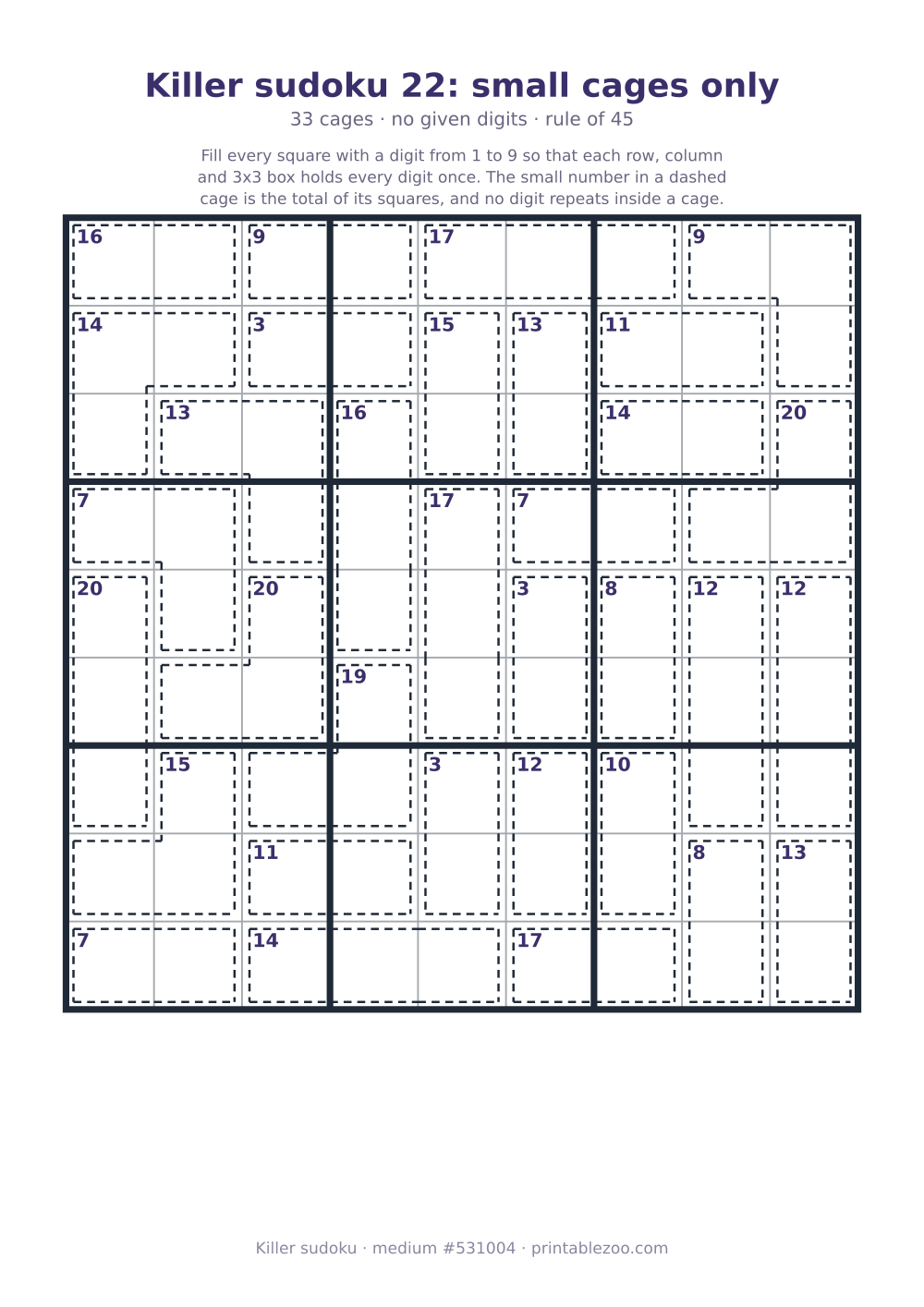 Printable killer sudoku, medium, 33 cages and no given digits, puzzle 531004