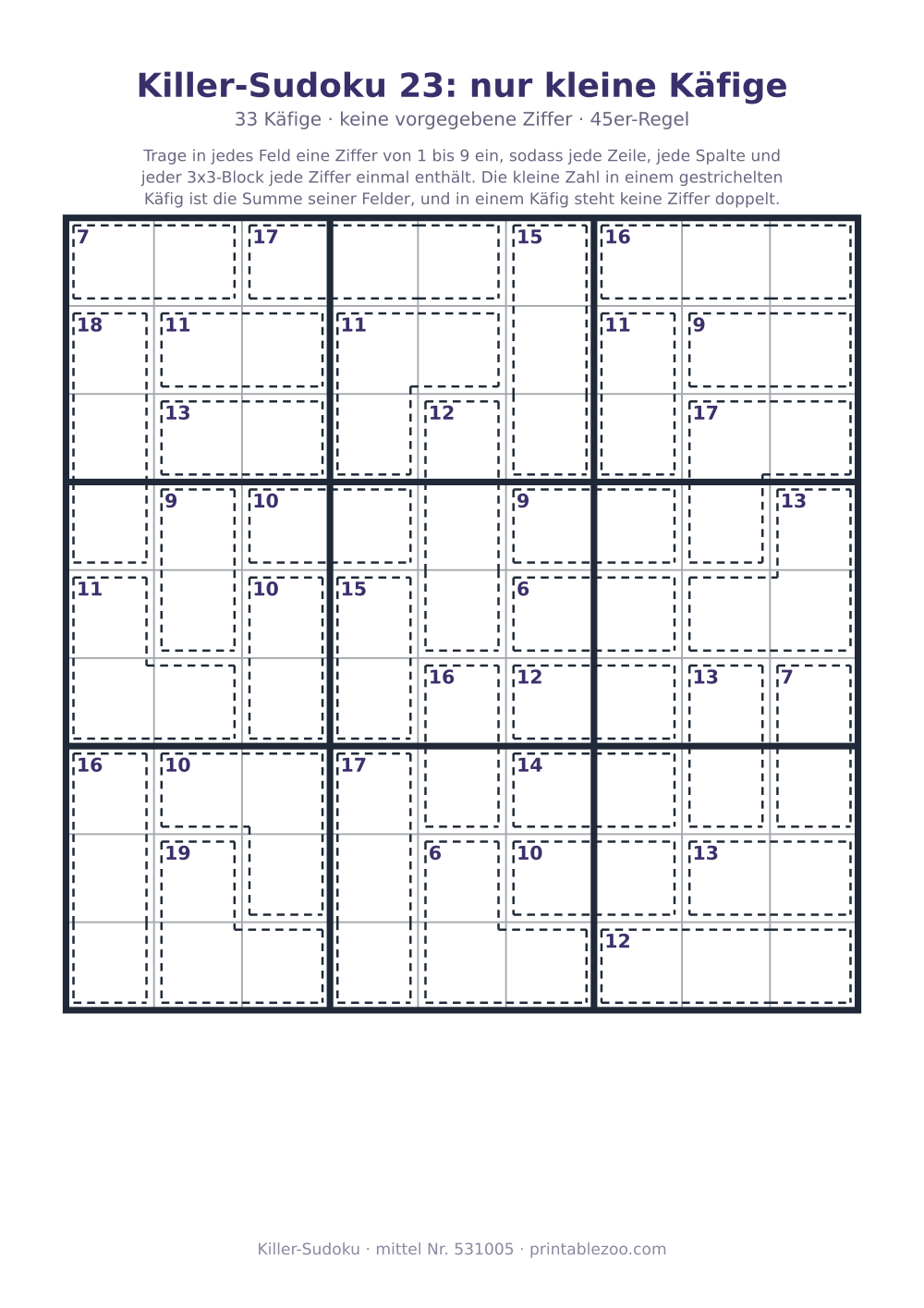 Killer-Sudoku zum Ausdrucken, Stufe mittel, 33 Käfige, keine vorgegebene Ziffer, Rätsel 531005