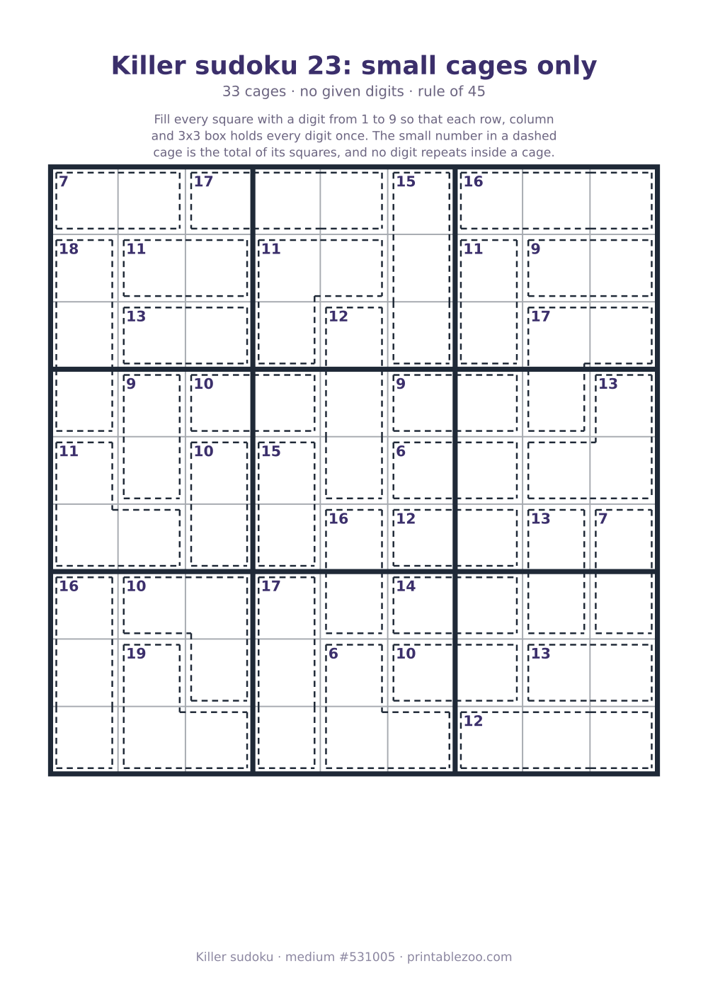 Printable killer sudoku, medium, 33 cages and no given digits, puzzle 531005