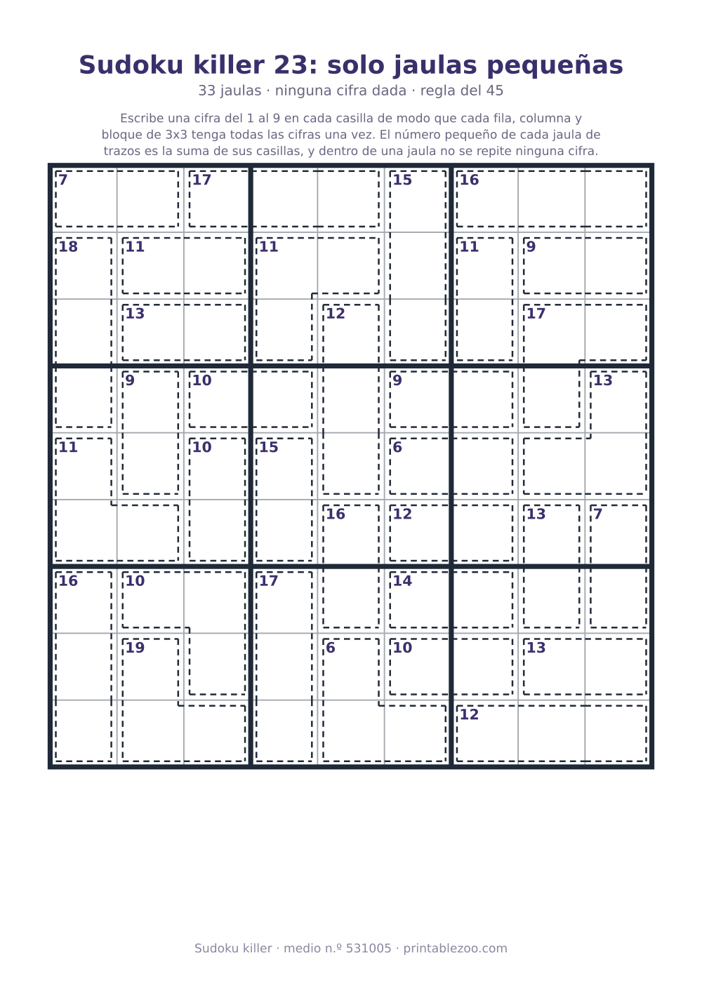 Sudoku killer para imprimir de nivel medio, 33 jaulas y ninguna cifra dada, pasatiempo 531005