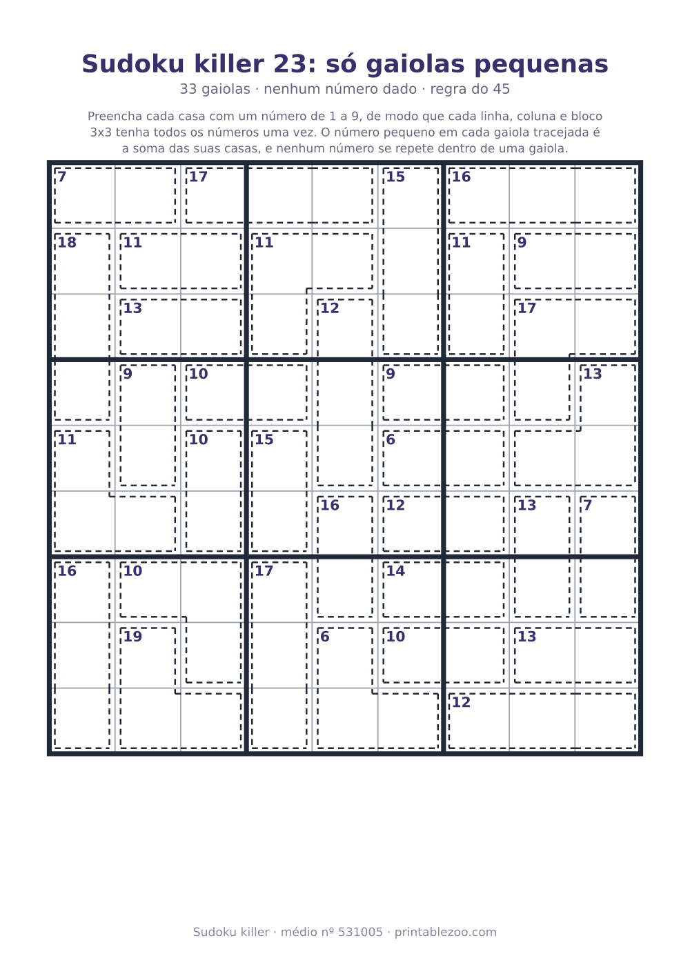 Sudoku killer para imprimir de nível médio, 33 gaiolas e nenhum número dado, desafio 531005