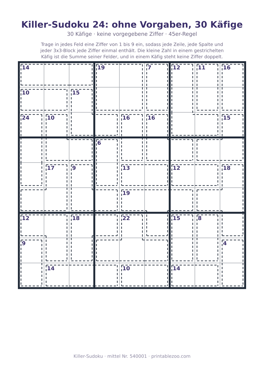 Killer-Sudoku zum Ausdrucken, Stufe mittel, 30 Käfige, keine vorgegebene Ziffer, Rätsel 540001