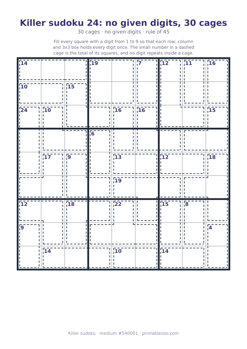 Printable killer sudoku, medium, 30 cages and no given digits, puzzle 540001
