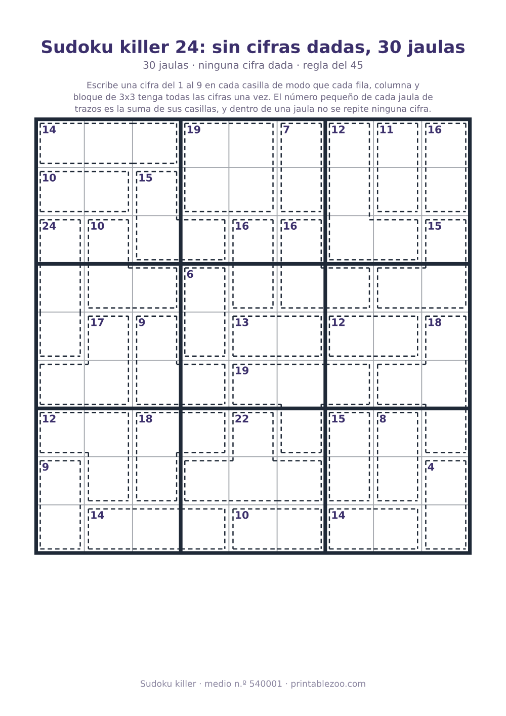 Sudoku killer para imprimir de nivel medio, 30 jaulas y ninguna cifra dada, pasatiempo 540001