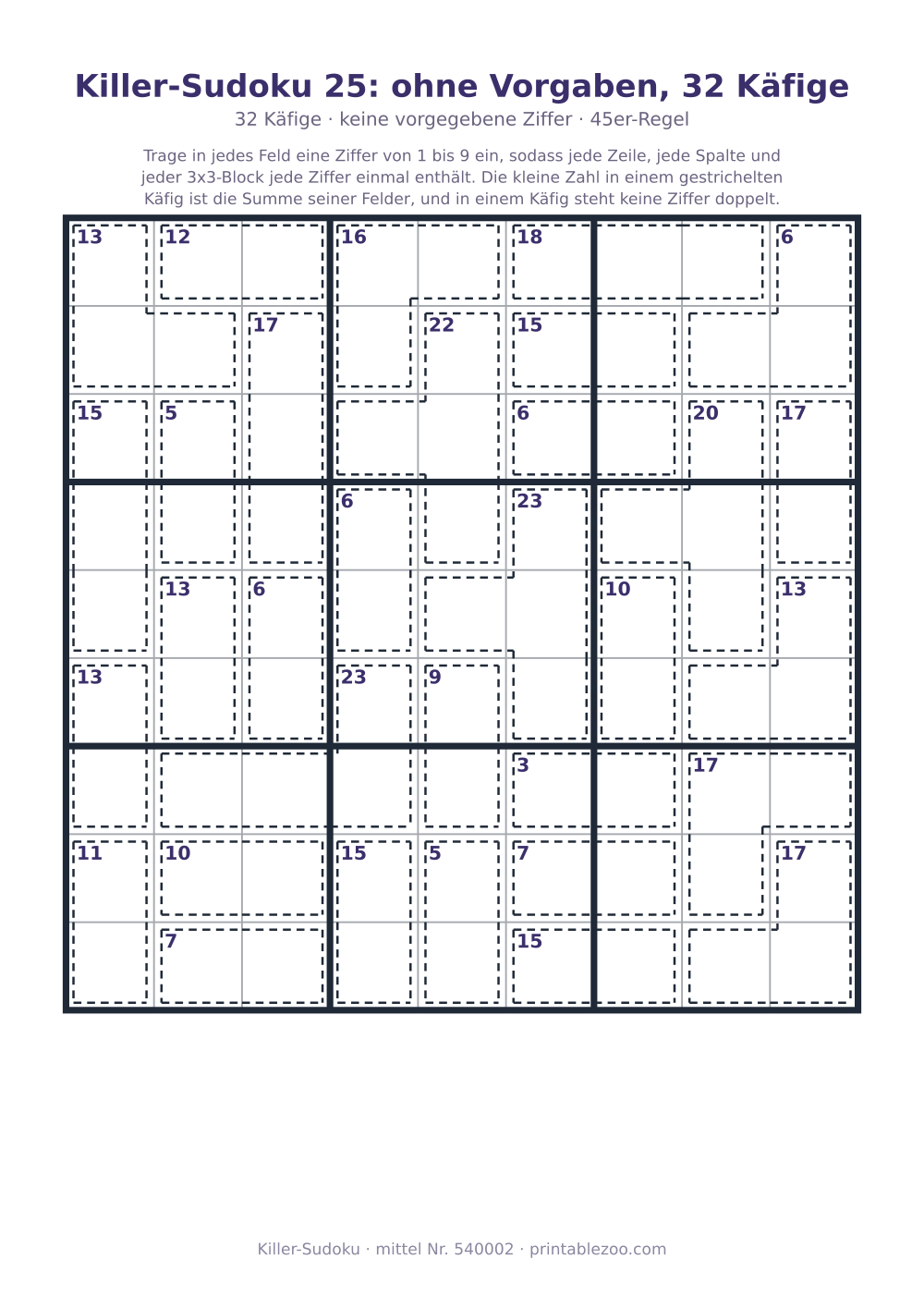 Killer-Sudoku zum Ausdrucken, Stufe mittel, 32 Käfige, keine vorgegebene Ziffer, Rätsel 540002
