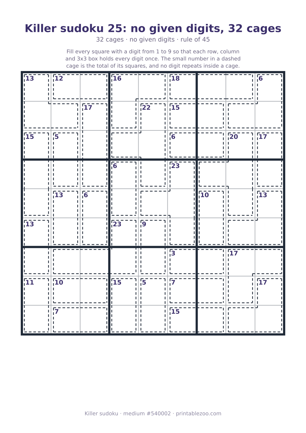 Printable killer sudoku, medium, 32 cages and no given digits, puzzle 540002