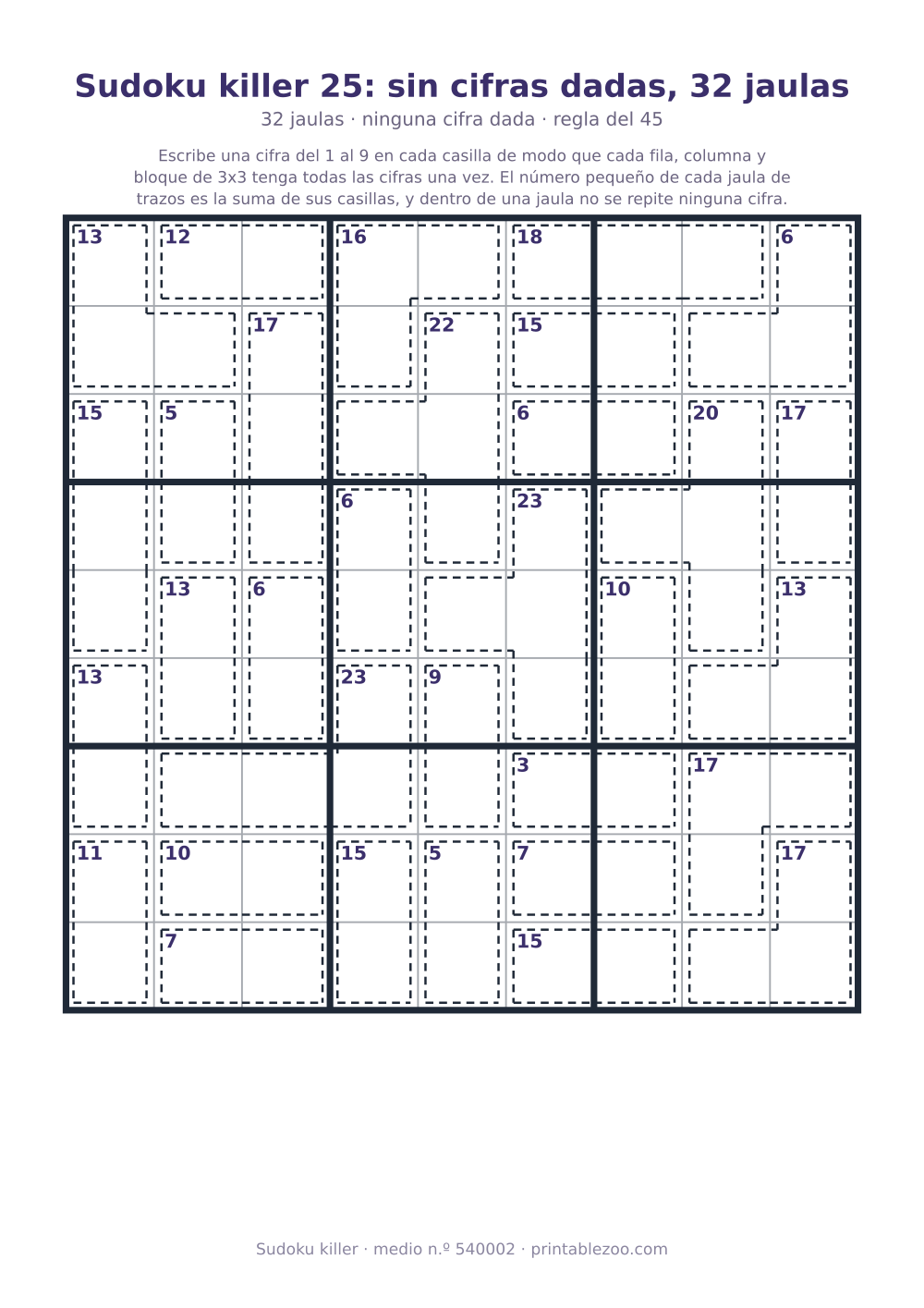 Sudoku killer para imprimir de nivel medio, 32 jaulas y ninguna cifra dada, pasatiempo 540002