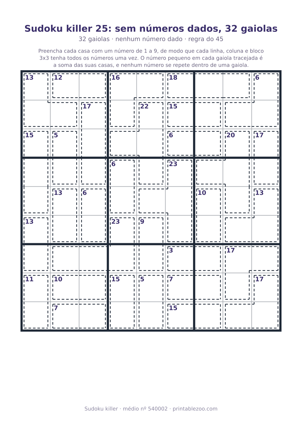 Sudoku killer para imprimir de nível médio, 32 gaiolas e nenhum número dado, desafio 540002