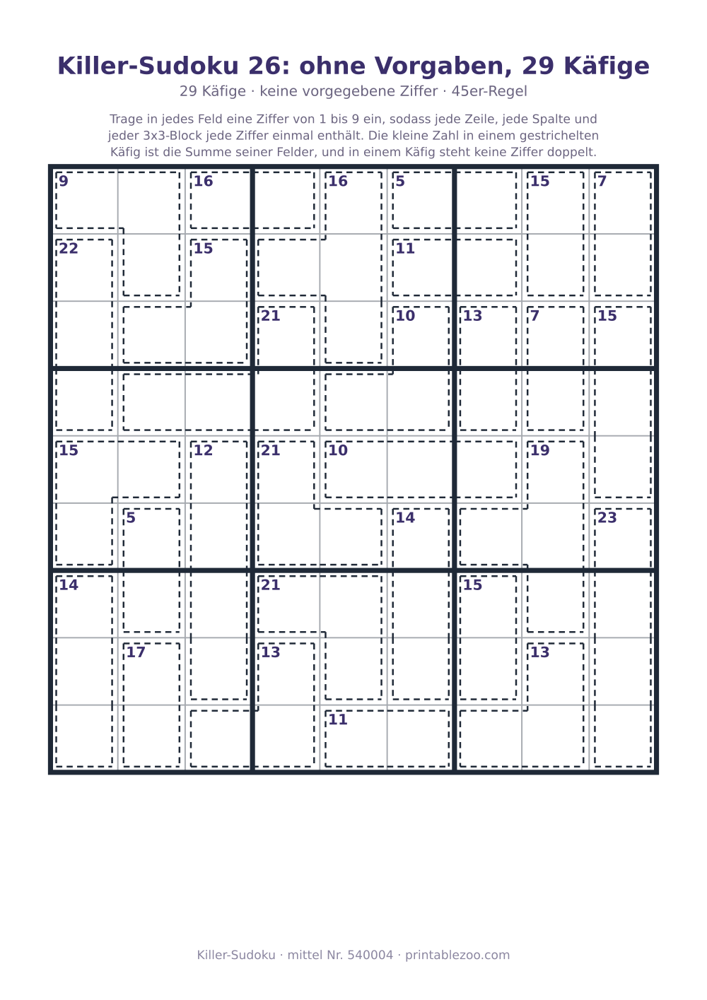 Killer-Sudoku zum Ausdrucken, Stufe mittel, 29 Käfige, keine vorgegebene Ziffer, Rätsel 540004