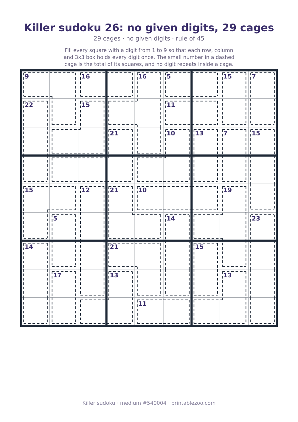 Printable killer sudoku, medium, 29 cages and no given digits, puzzle 540004