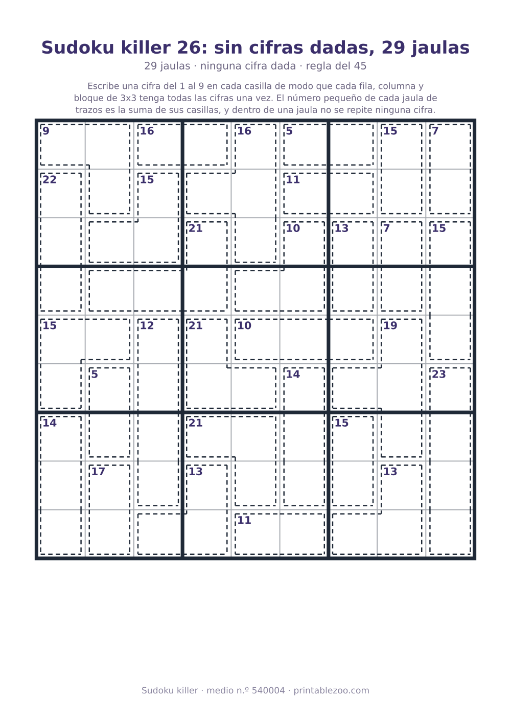 Sudoku killer para imprimir de nivel medio, 29 jaulas y ninguna cifra dada, pasatiempo 540004