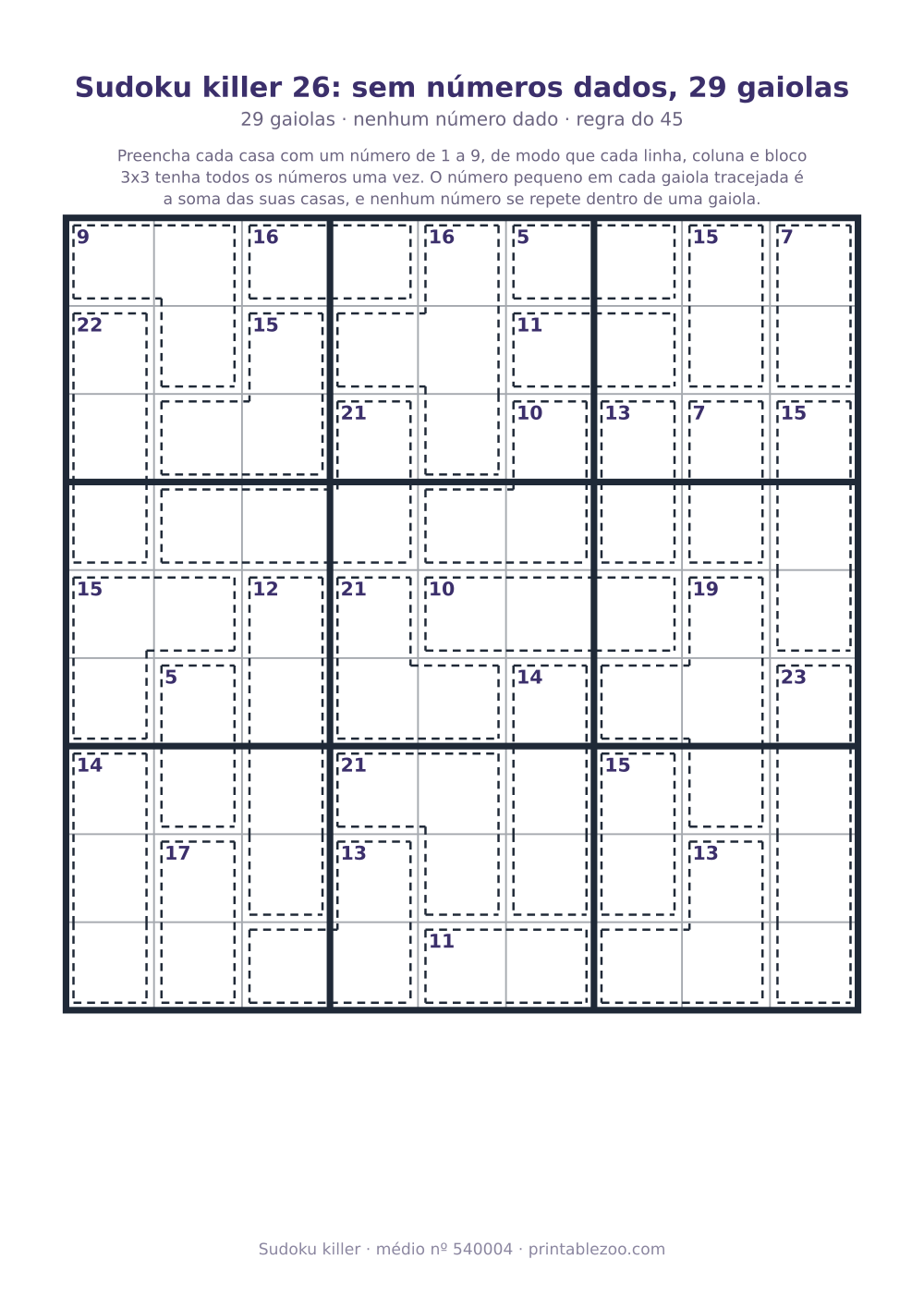 Sudoku killer para imprimir de nível médio, 29 gaiolas e nenhum número dado, desafio 540004