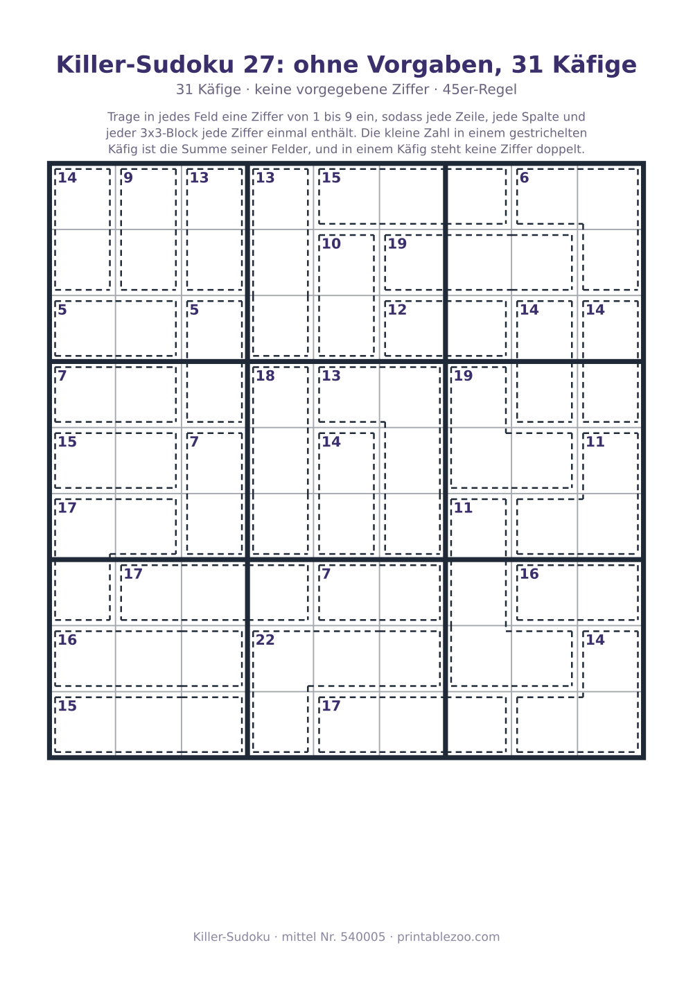 Killer-Sudoku zum Ausdrucken, Stufe mittel, 31 Käfige, keine vorgegebene Ziffer, Rätsel 540005