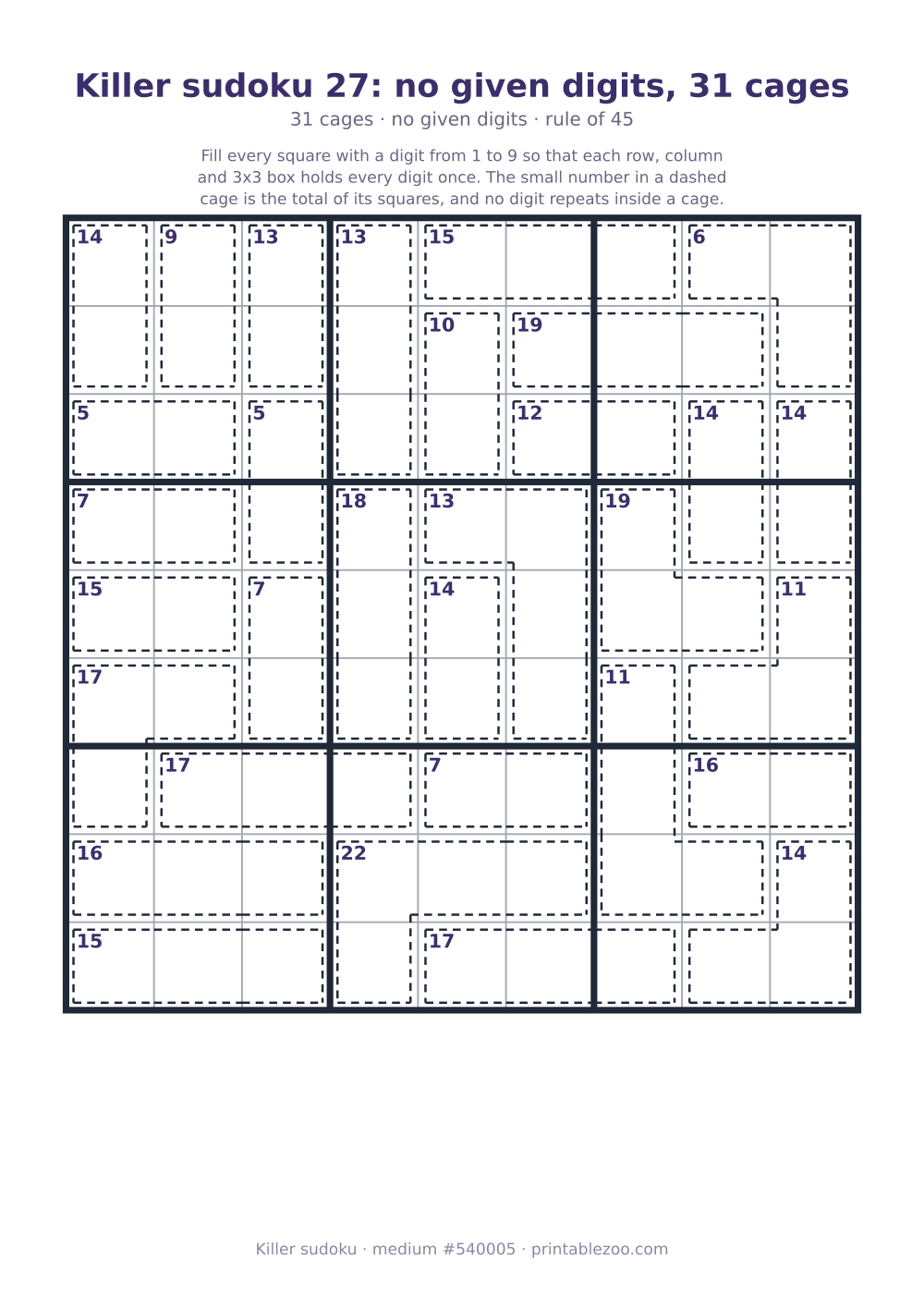 Printable killer sudoku, medium, 31 cages and no given digits, puzzle 540005