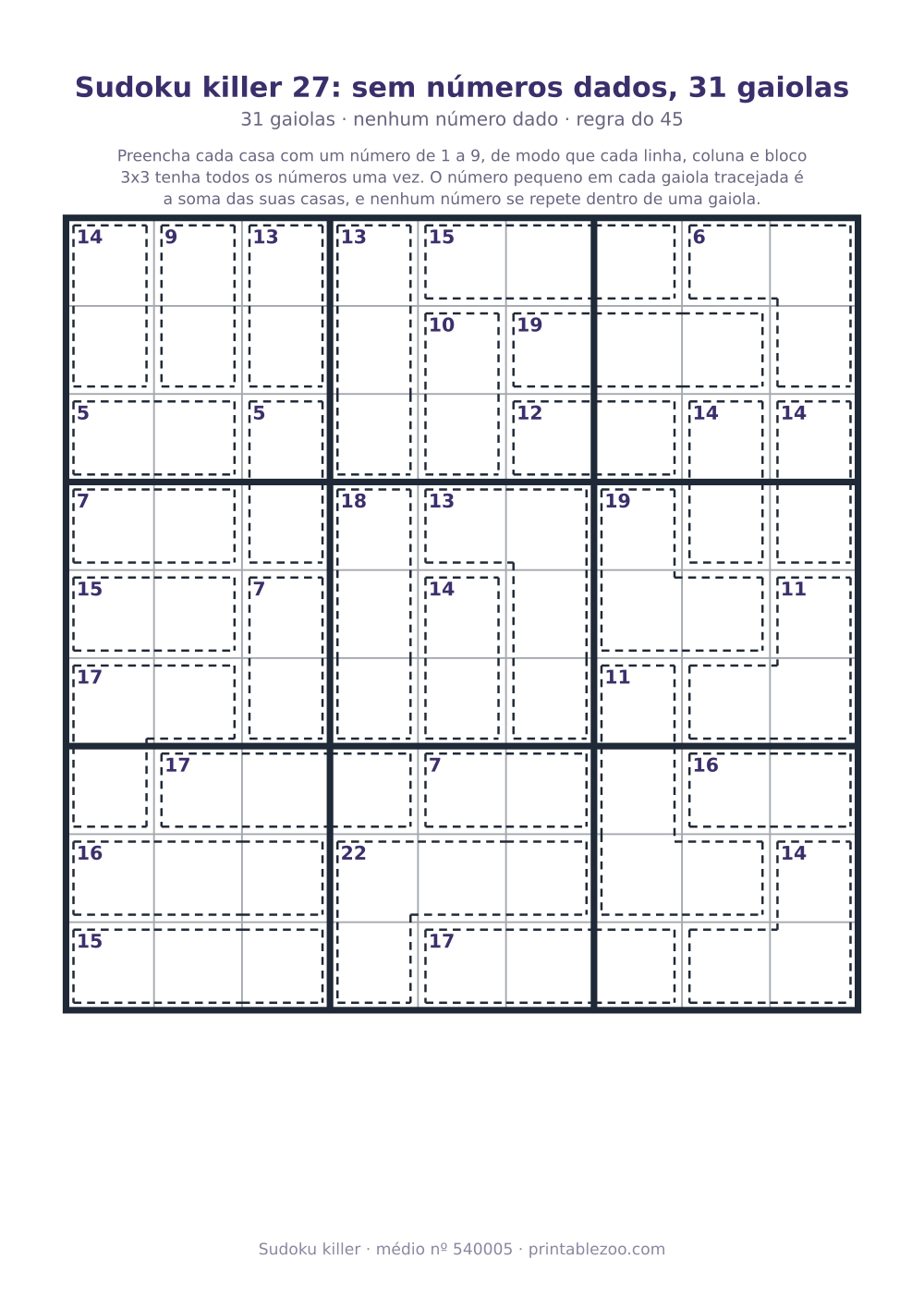 Sudoku killer para imprimir de nível médio, 31 gaiolas e nenhum número dado, desafio 540005