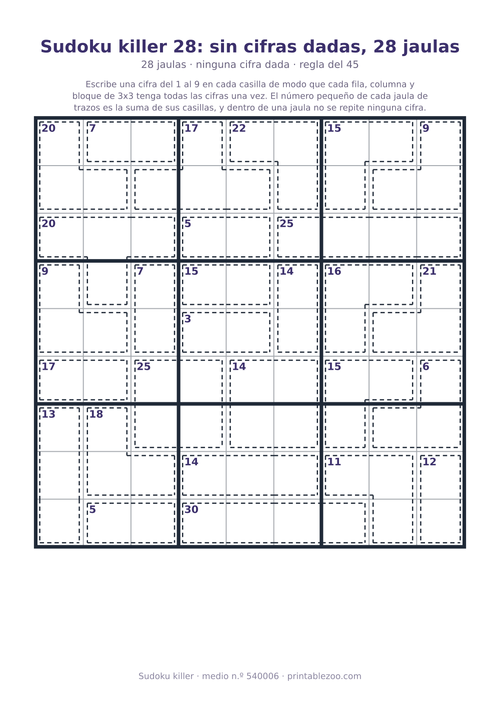 Sudoku killer para imprimir de nivel medio, 28 jaulas y ninguna cifra dada, pasatiempo 540006