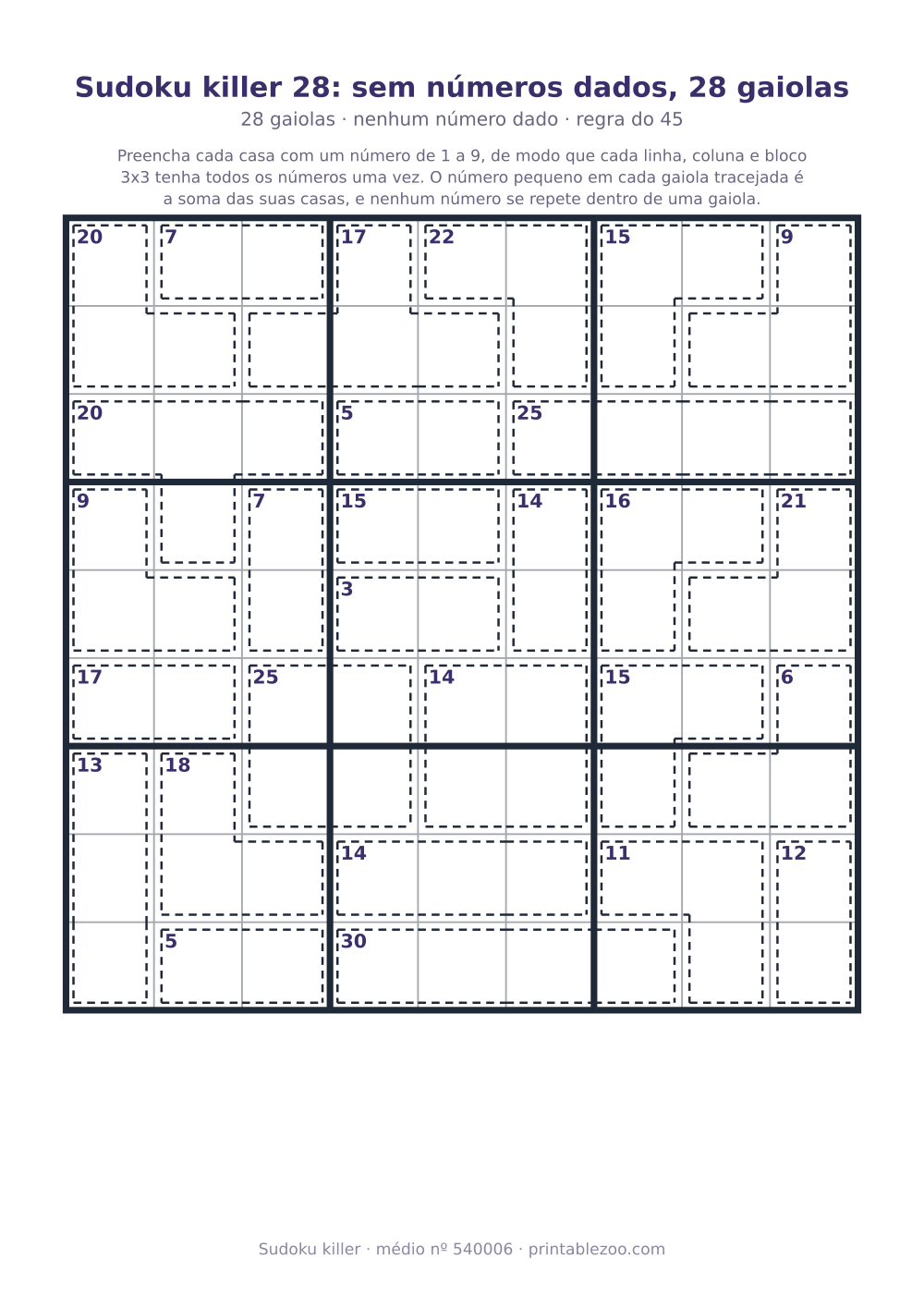 Sudoku killer para imprimir de nível médio, 28 gaiolas e nenhum número dado, desafio 540006