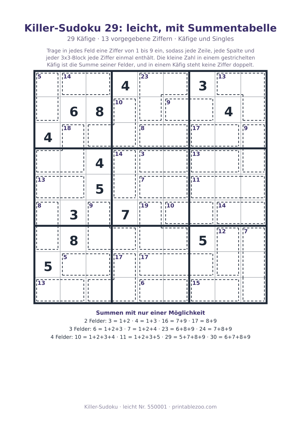 Killer-Sudoku zum Ausdrucken mit Summentabelle, Stufe leicht, 29 Käfige, Rätsel 550001