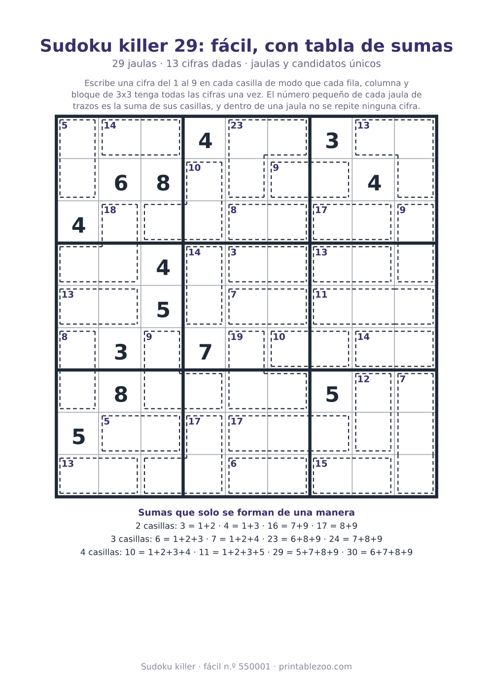 Sudoku killer para imprimir con tabla de sumas, nivel fácil, 29 jaulas, pasatiempo 550001