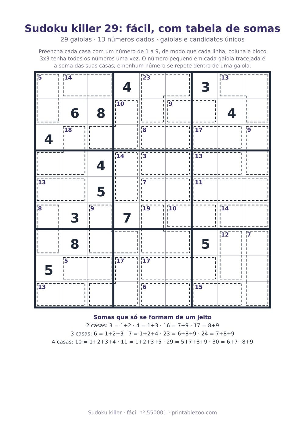 Sudoku killer para imprimir com tabela de somas, nível fácil, 29 gaiolas, desafio 550001