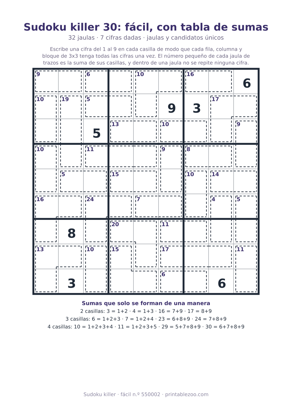 Sudoku killer para imprimir con tabla de sumas, nivel fácil, 32 jaulas, pasatiempo 550002