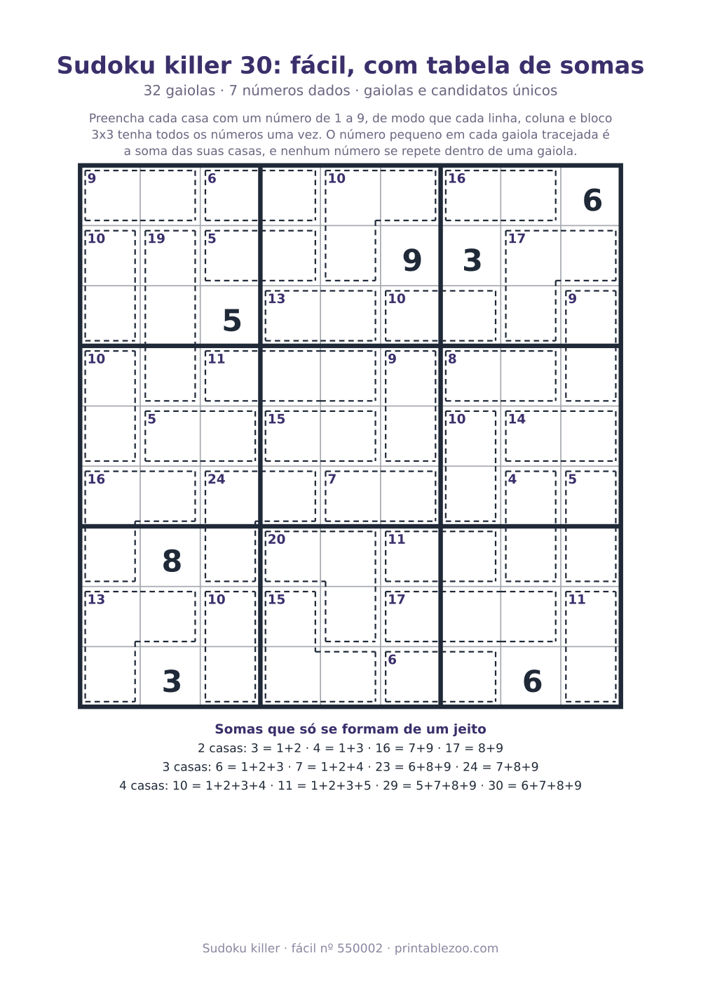 Sudoku killer para imprimir com tabela de somas, nível fácil, 32 gaiolas, desafio 550002
