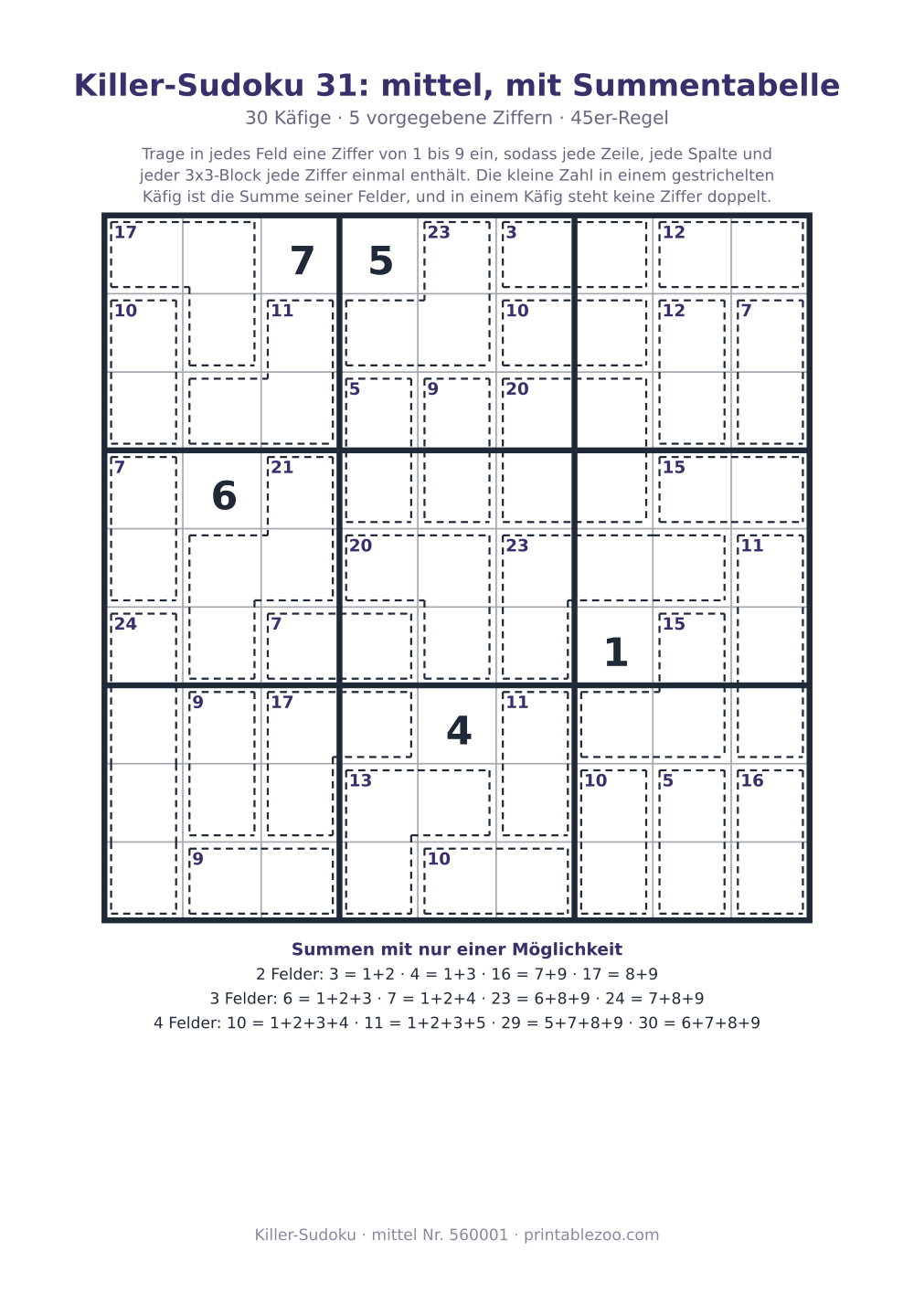 Killer-Sudoku zum Ausdrucken mit Summentabelle, Stufe mittel, 30 Käfige, Rätsel 560001