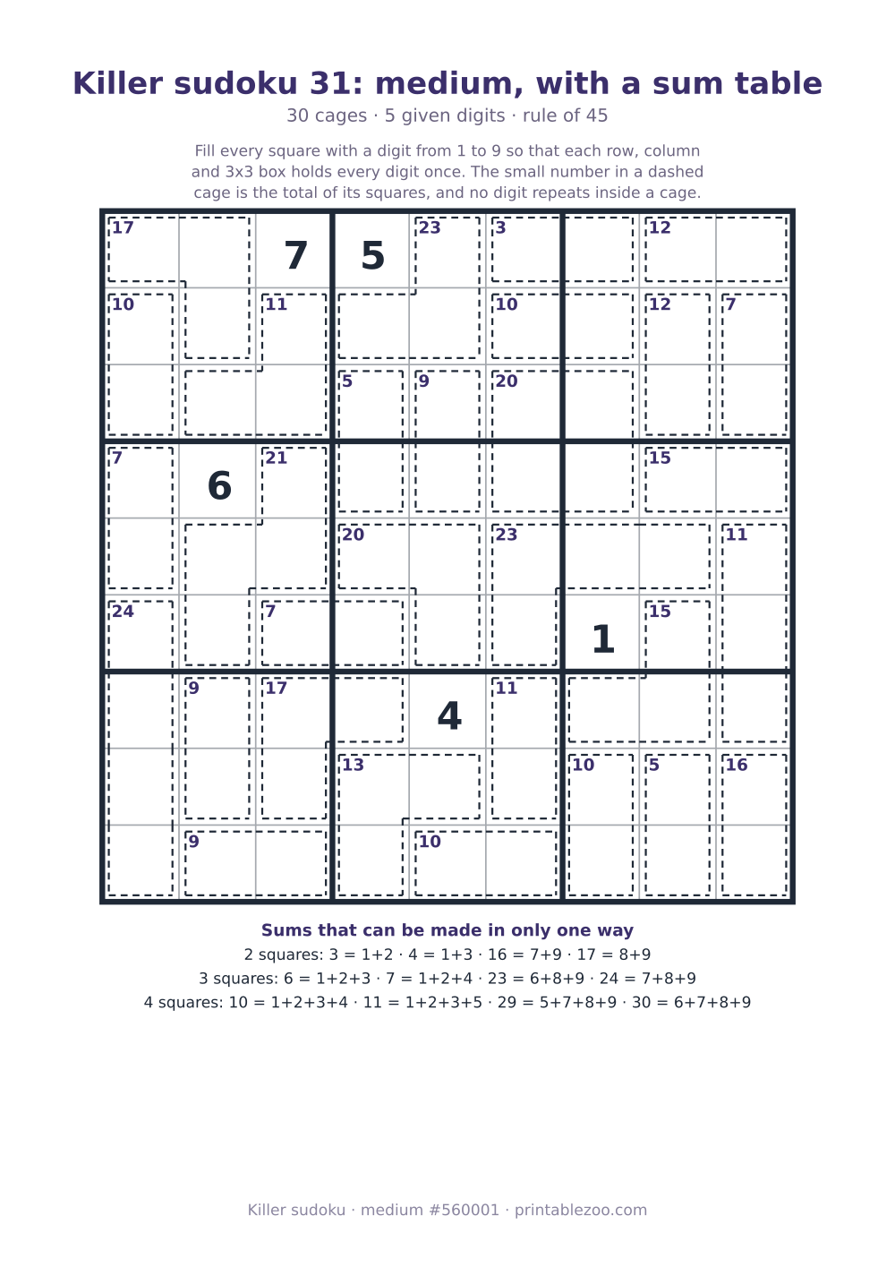 Printable killer sudoku with a sum table, medium, 30 cages, puzzle 560001