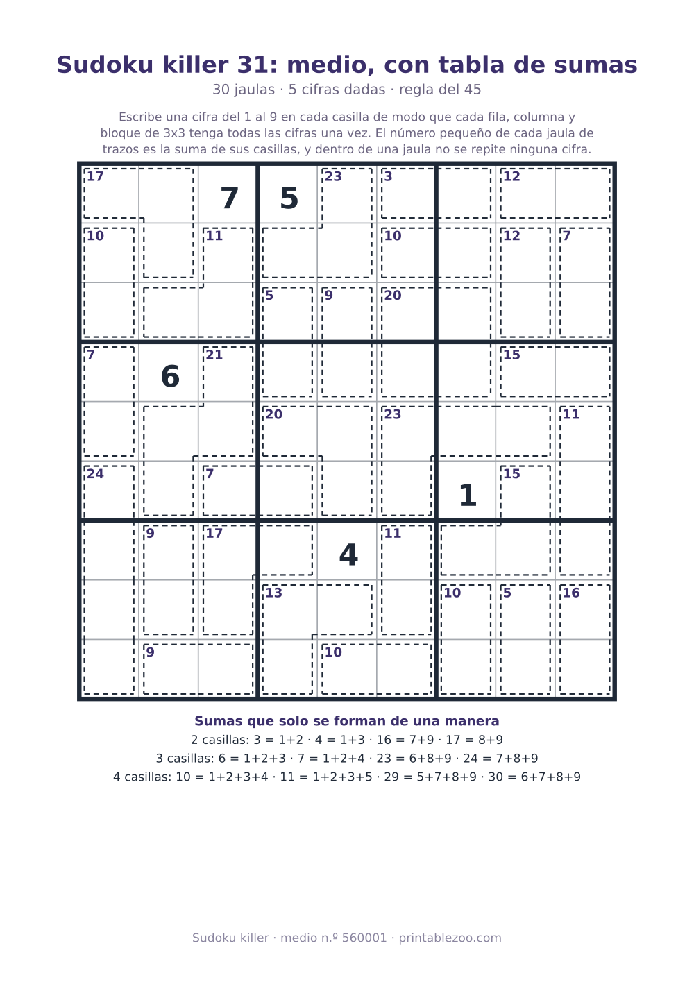 Sudoku killer para imprimir con tabla de sumas, nivel medio, 30 jaulas, pasatiempo 560001