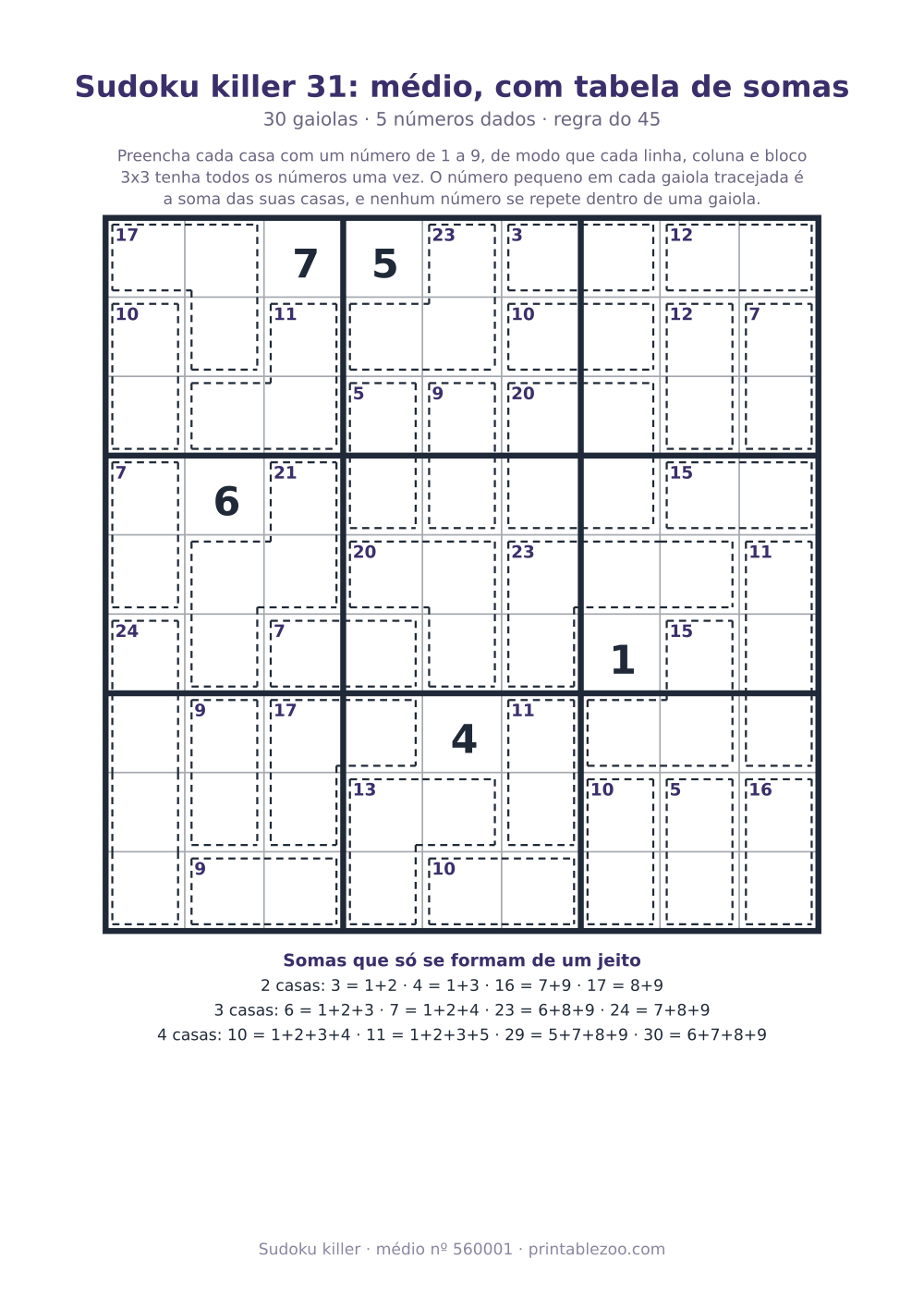 Sudoku killer para imprimir com tabela de somas, nível médio, 30 gaiolas, desafio 560001