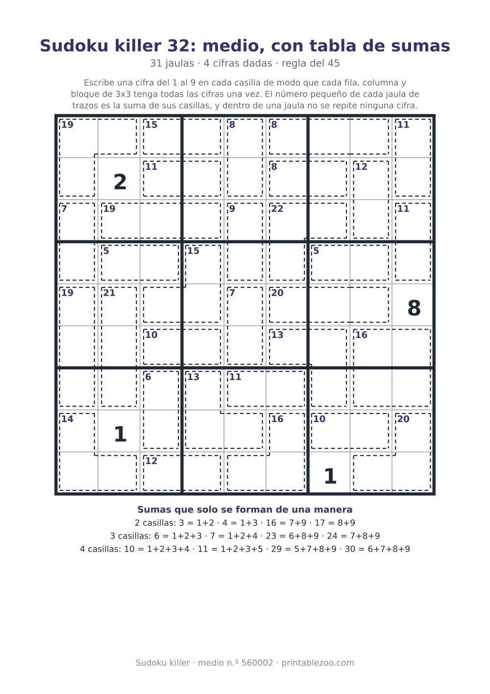 Sudoku killer para imprimir con tabla de sumas, nivel medio, 31 jaulas, pasatiempo 560002