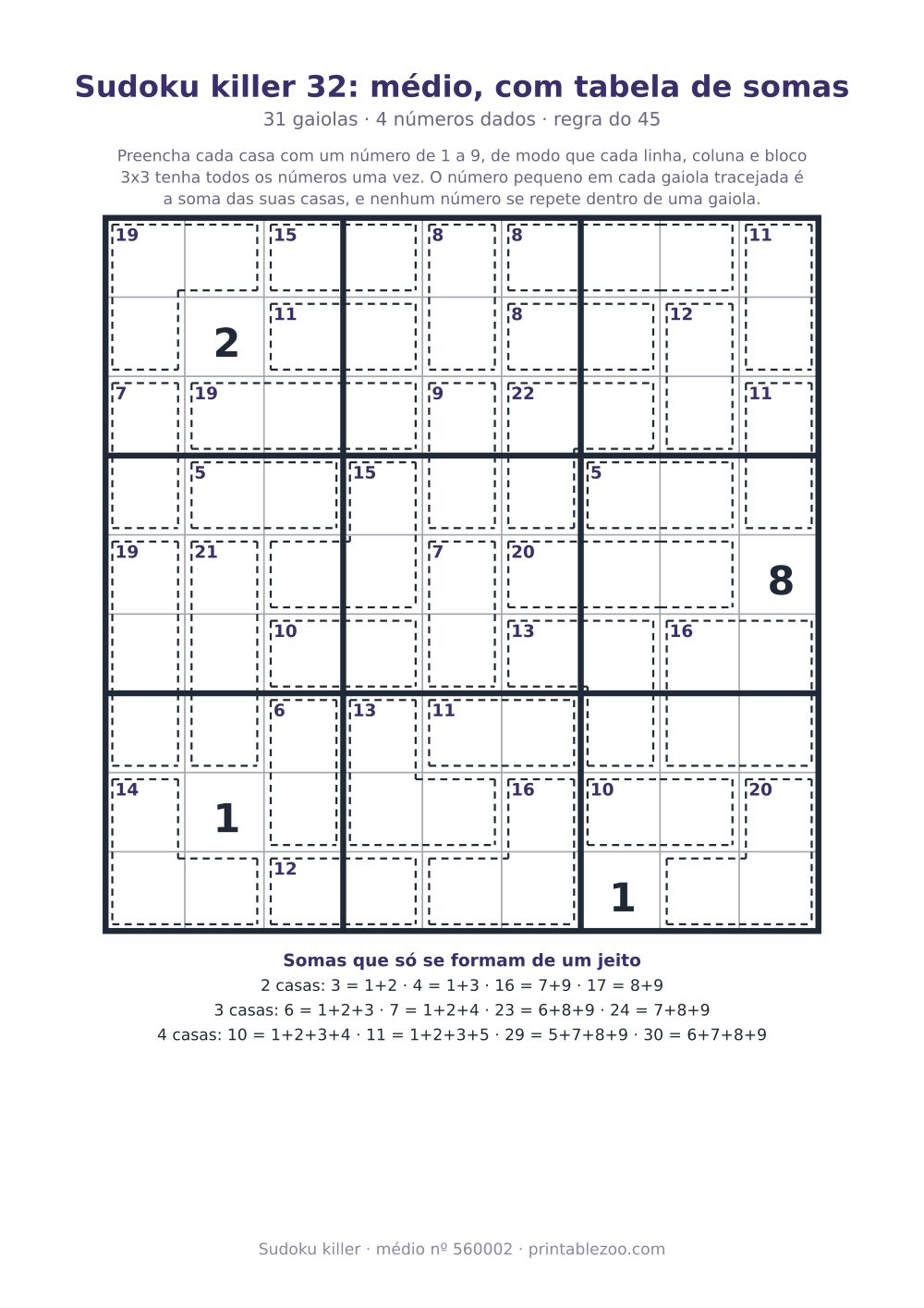 Sudoku killer para imprimir com tabela de somas, nível médio, 31 gaiolas, desafio 560002