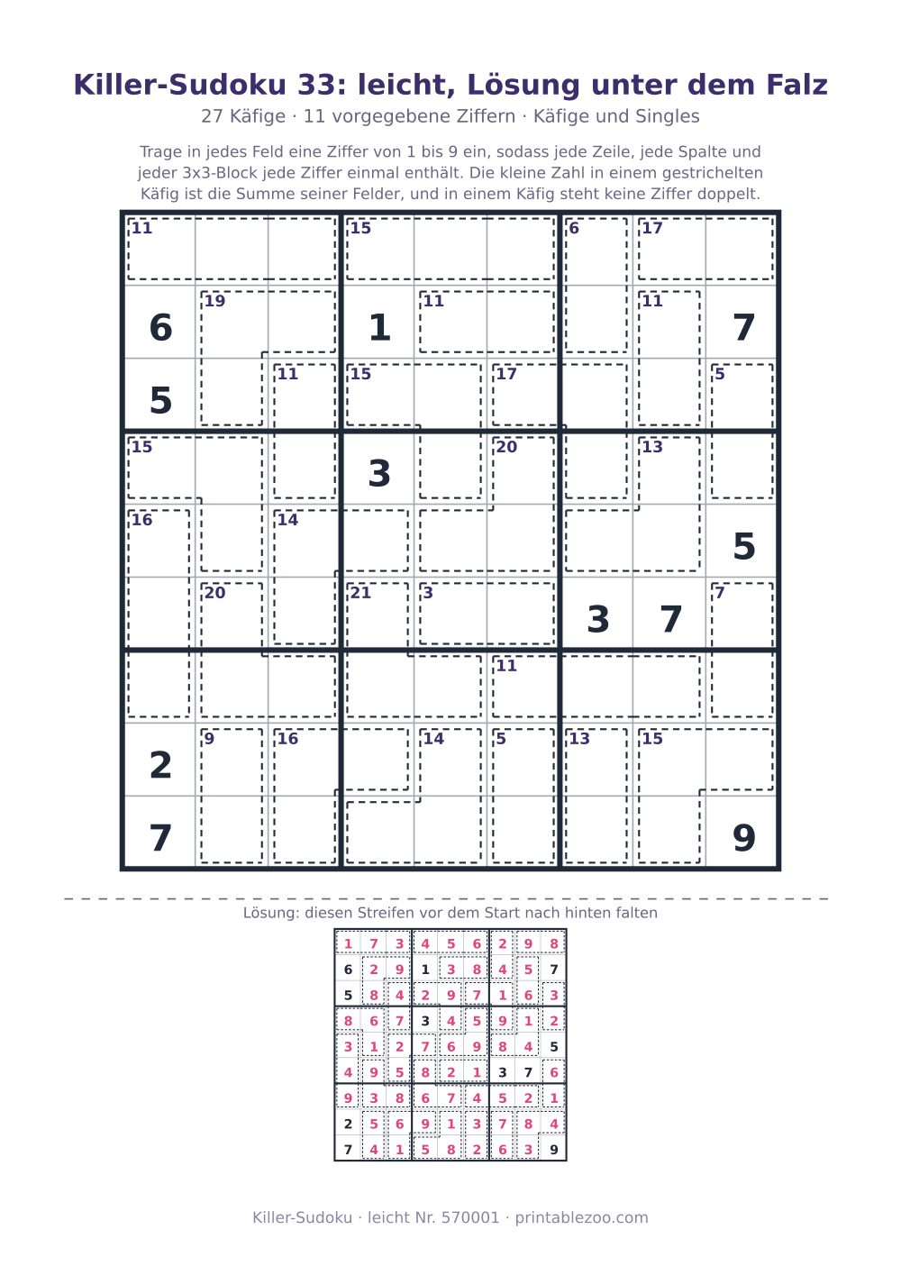 Killer-Sudoku zum Ausdrucken mit Lösung unter dem Falz, Stufe leicht, 27 Käfige, Rätsel 570001