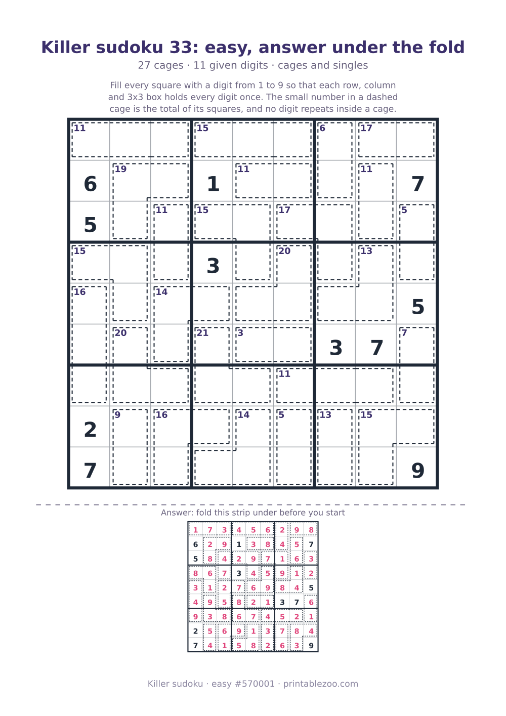 Printable killer sudoku with the answer under a fold line, easy, 27 cages, puzzle 570001