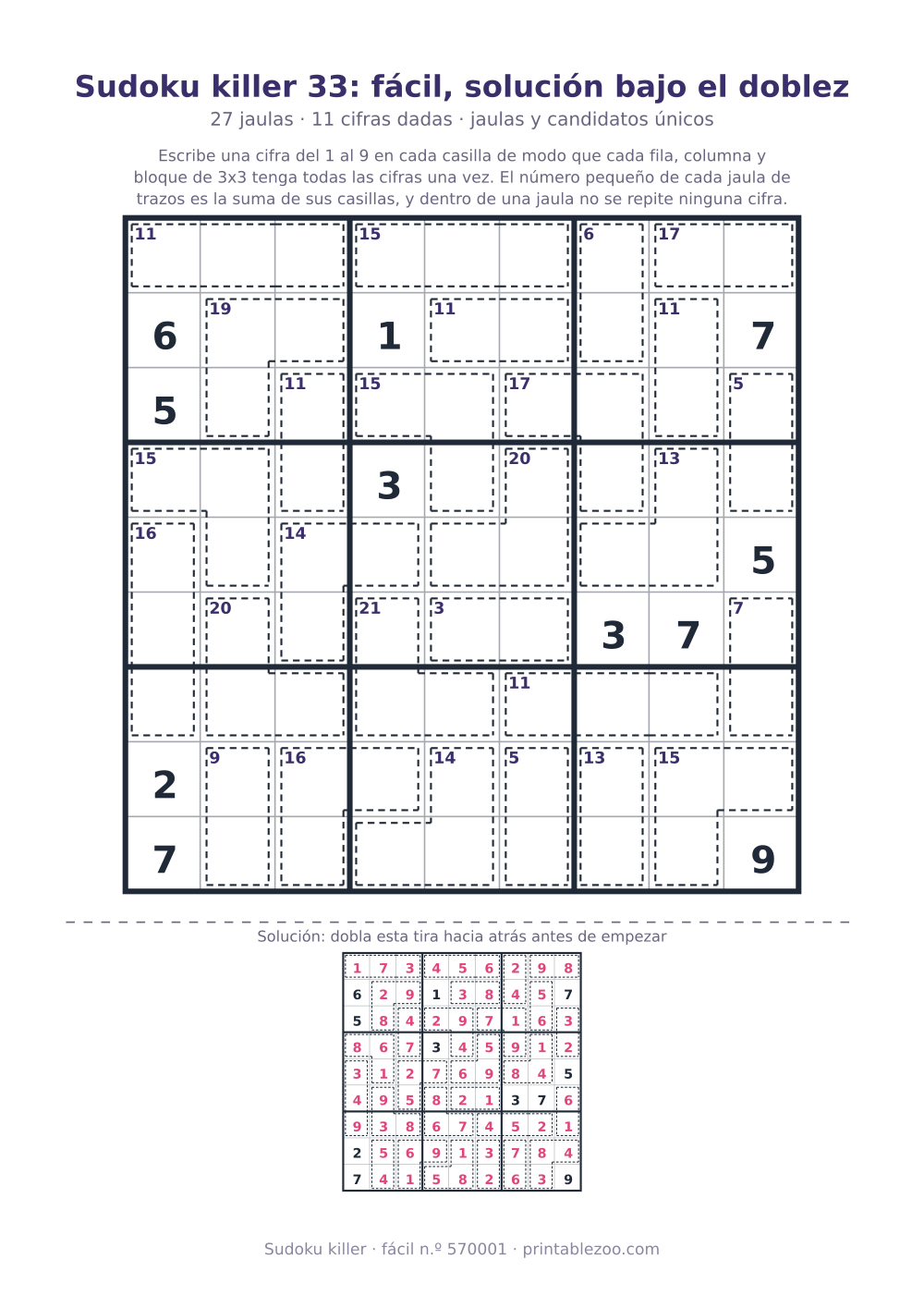 Sudoku killer para imprimir con la solución bajo el doblez, nivel fácil, 27 jaulas, pasatiempo 570001