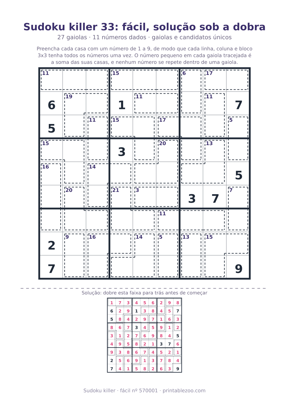 Sudoku killer para imprimir com a solução sob a dobra, nível fácil, 27 gaiolas, desafio 570001