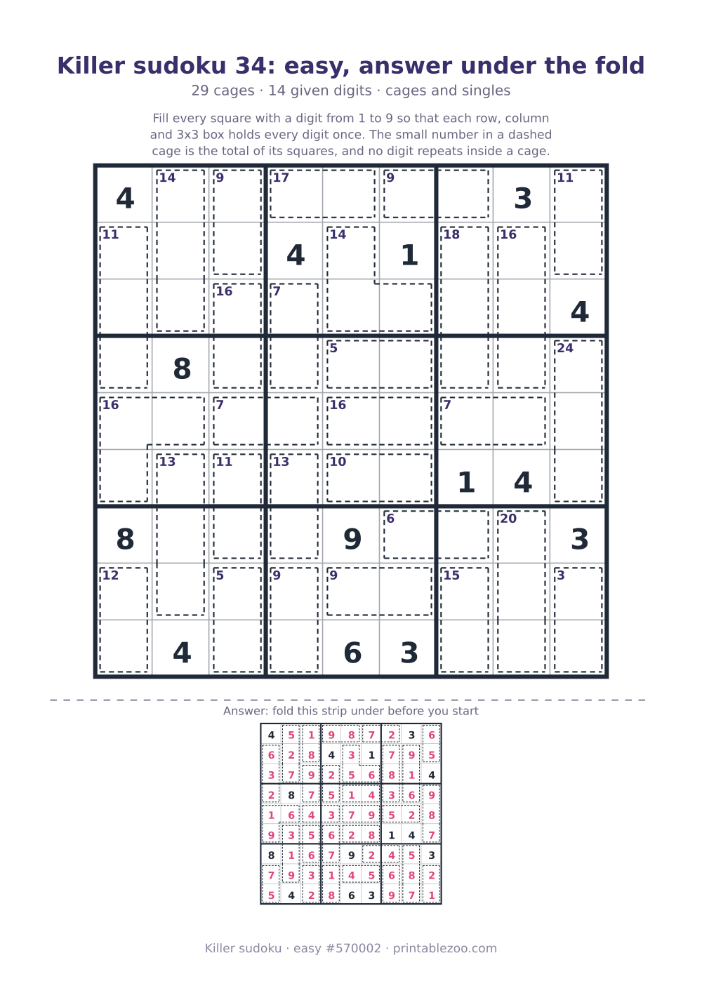 Printable killer sudoku with the answer under a fold line, easy, 29 cages, puzzle 570002